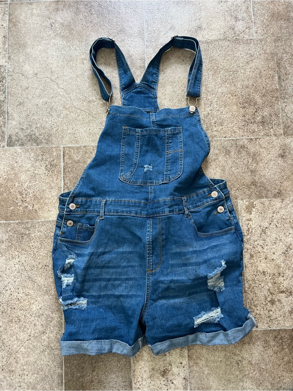 Amazon Women's Dark Blue Distressed Denim Overalls Shorts